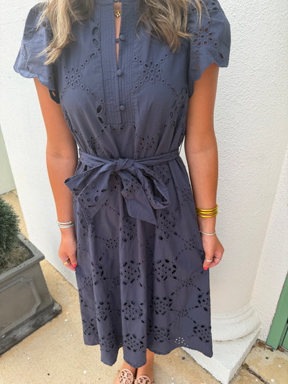 Flounce Sleeve Belted Shirtdress Navy