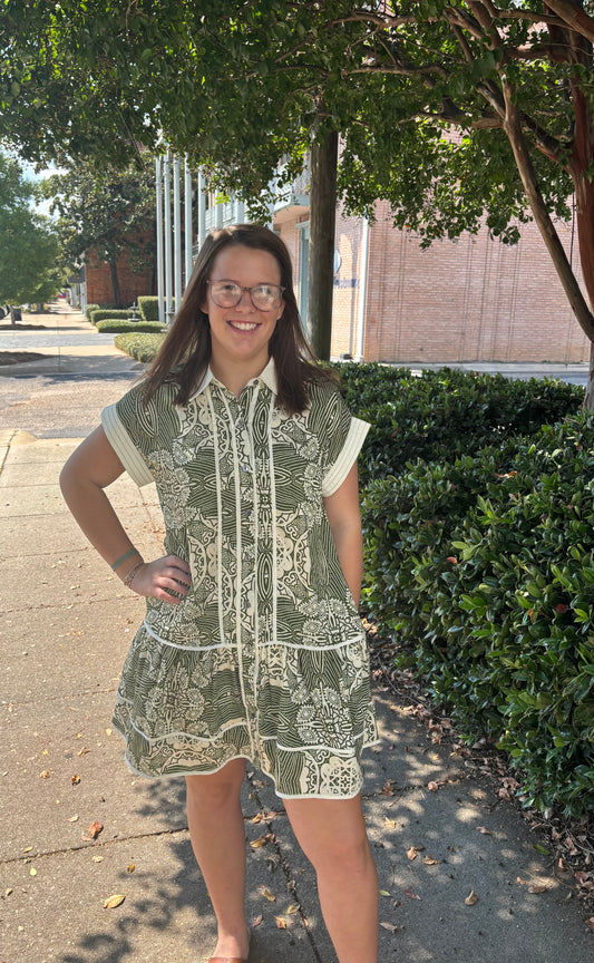 Olive & Cream Print Dress