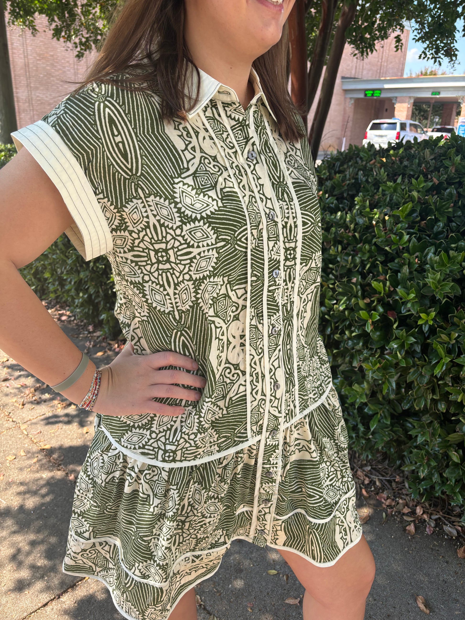 Olive & Cream Print Dress The Green Hanger Olive & Cream Print Dress The Green Hanger