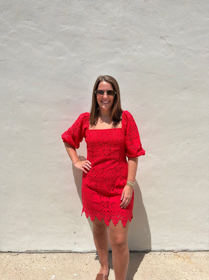 Square Neck Scalloped Lace Puff Sleeve Mini Dress
