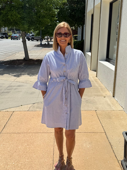 Stella Dress in Blue and White Seersucker