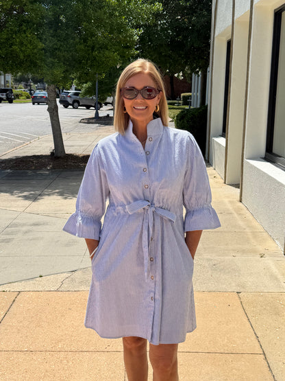 Stella Dress in Blue and White Seersucker