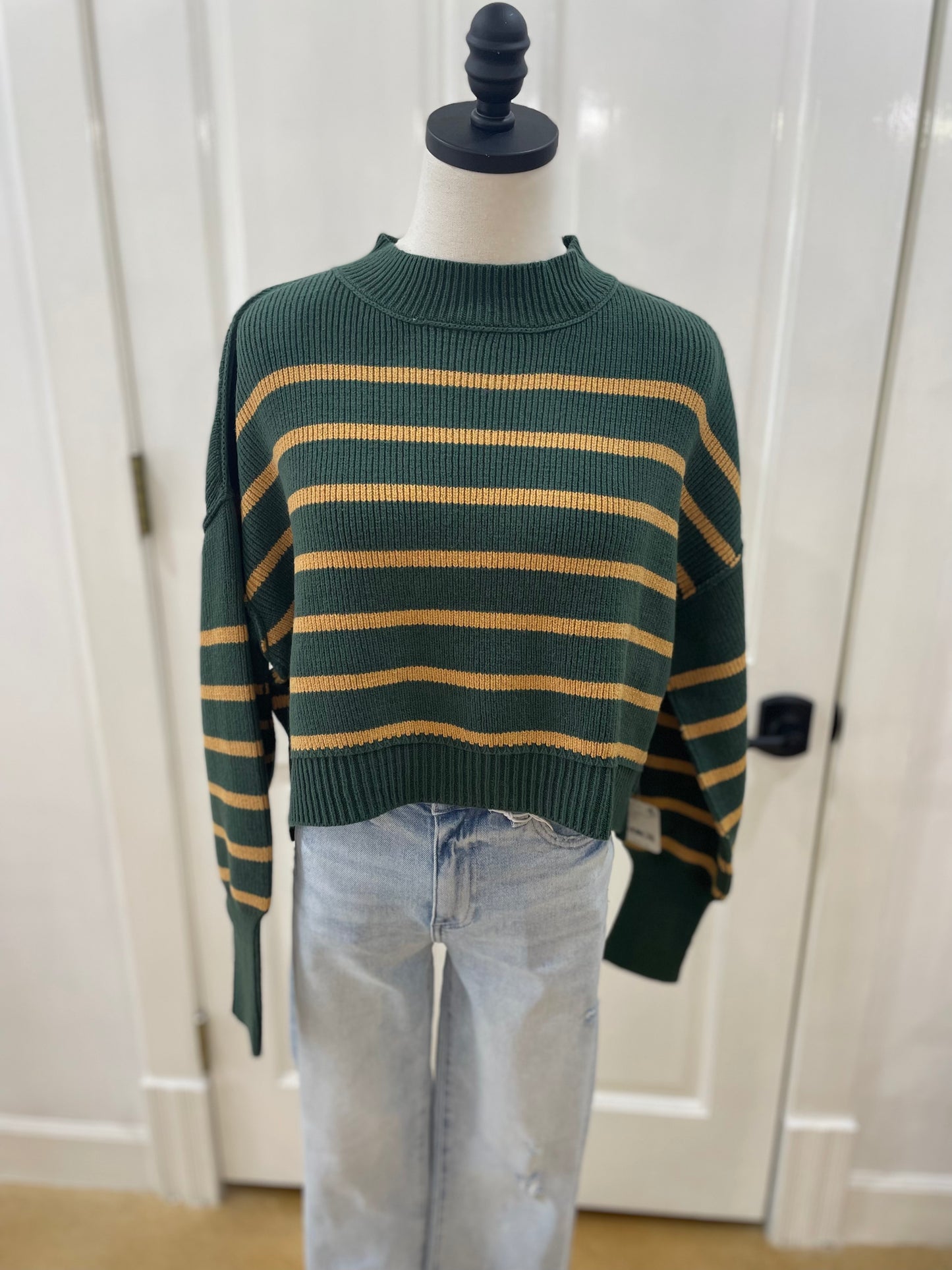 Free People Stripe Easy Street Crop Sweater in Hunter Green Combo