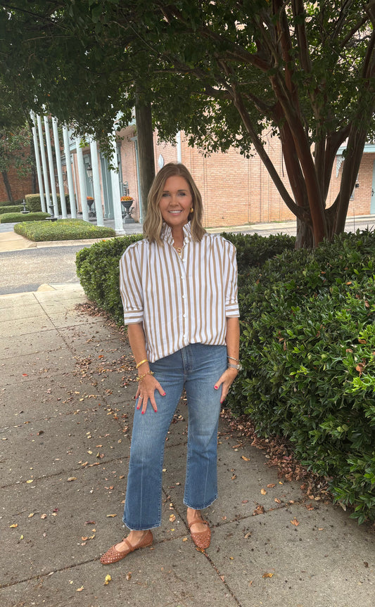 Puff Sleeve Top with Ruffle Collar Brown Stripe