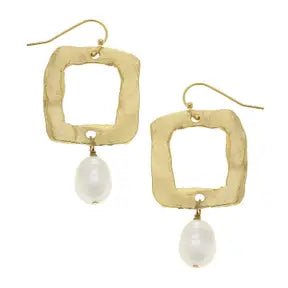 Gold Open Square Freshwater Pearl Dangle Earrings