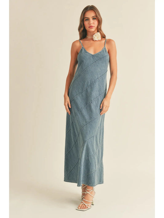 Washed Denim Detail Maxi Dress