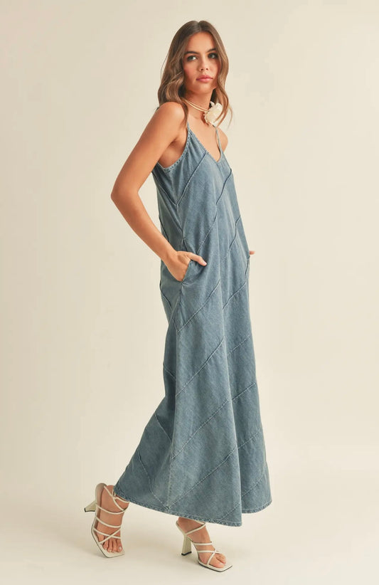 Washed Denim Detail Maxi Dress