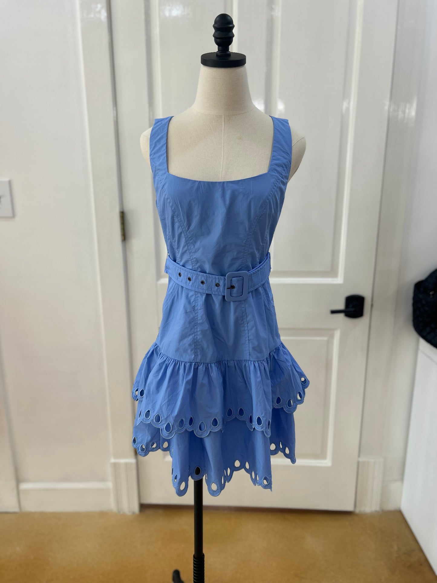 Embroidered Ruffle Hem Mini Dress Blue