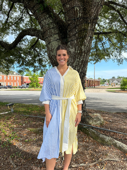 Blouson Sleeve Stripe Shirt Midi Dress