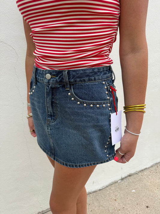 Studded Denim Mini Skirt