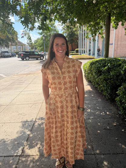 Tan Print Button Down Dress