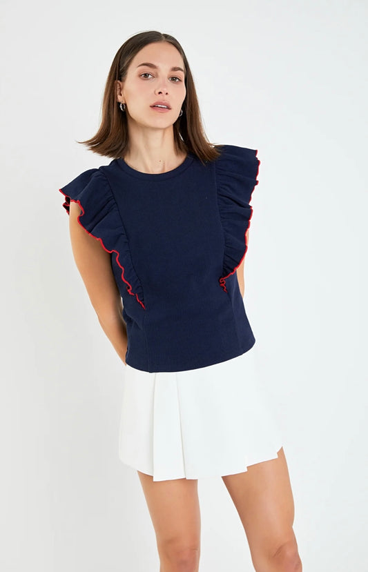 Navy/Red Ruffle Knit Top