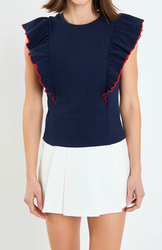 Navy/Red Ruffle Knit Top