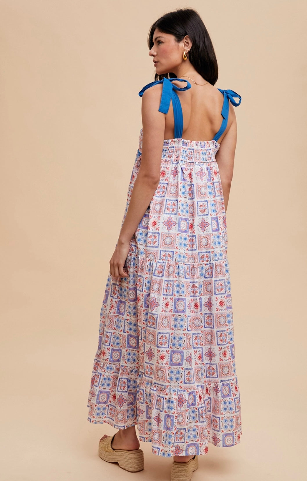 Tilework Print Sleeveless Cotton Maxi Dress