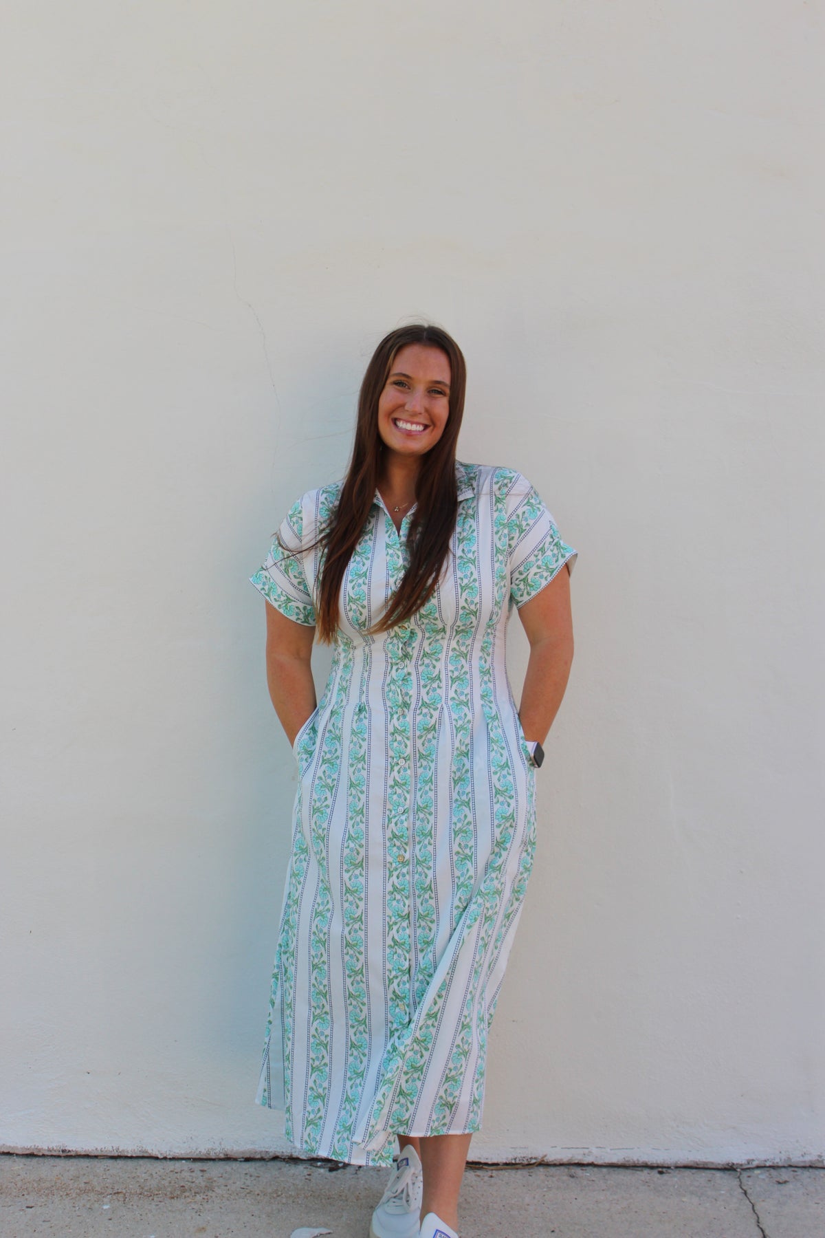 Short Sleeve Pattern Detail Button Down Dress