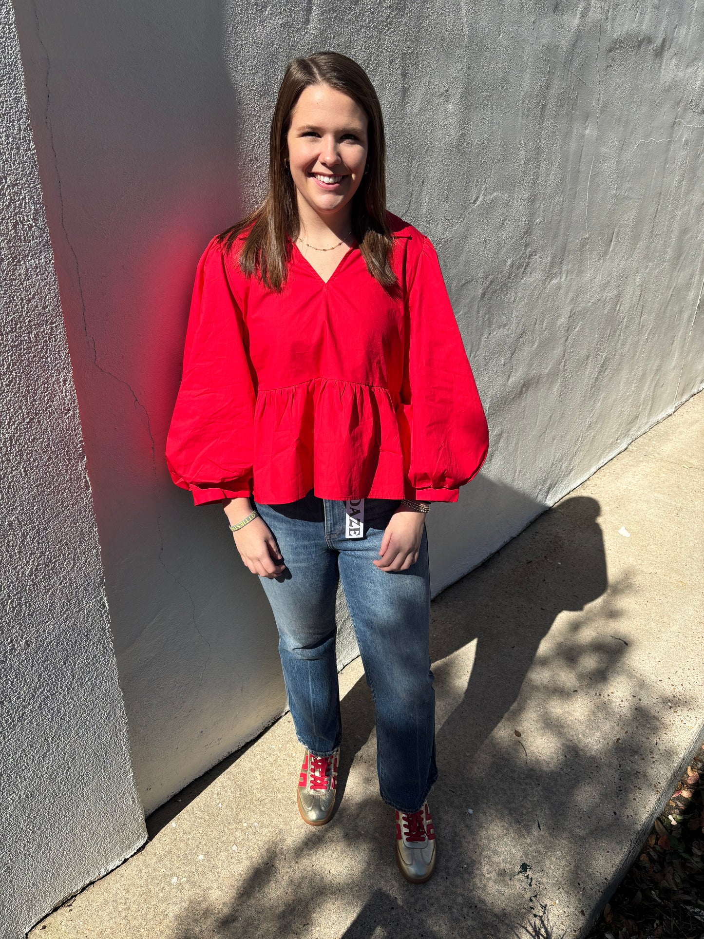 Balloon Sleeves Peplum Top Red