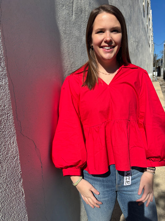 Balloon Sleeves Peplum Top Red