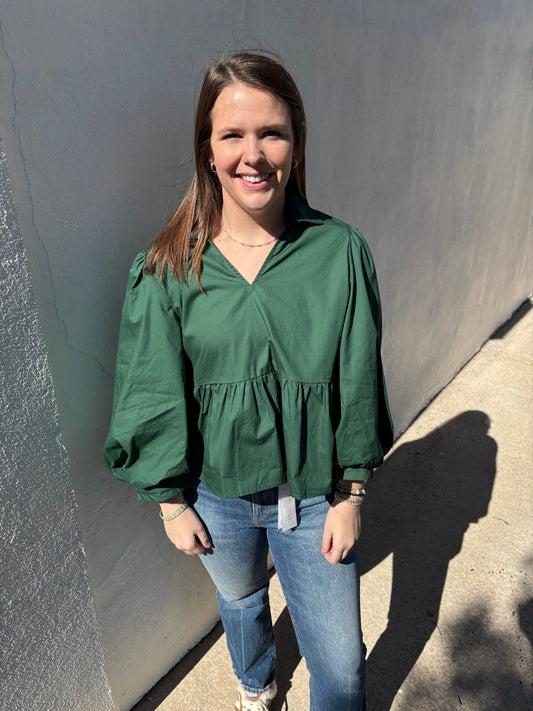 Balloon Sleeves Peplum Top Green