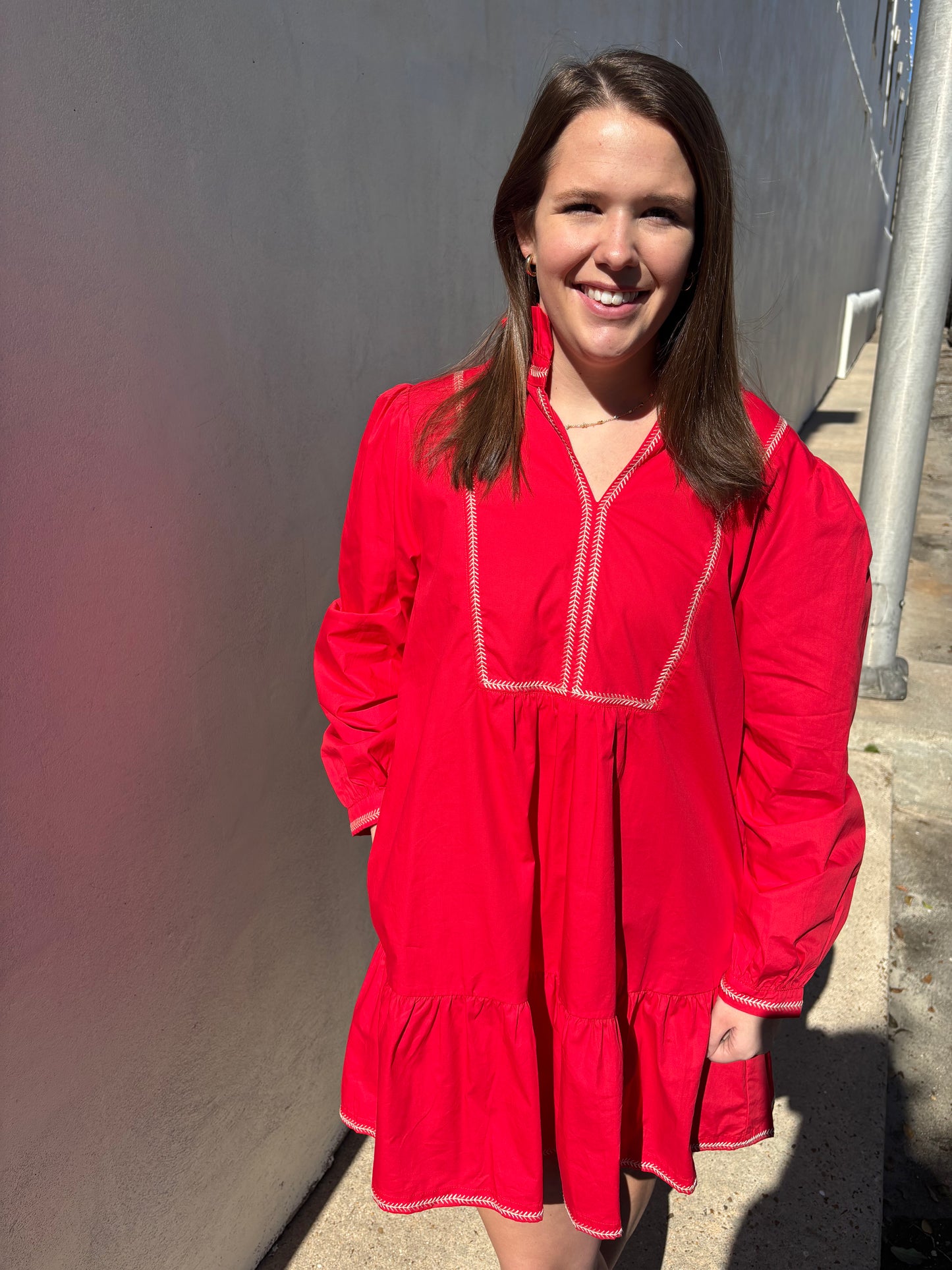Ruffled Neckline Solid Red Dress