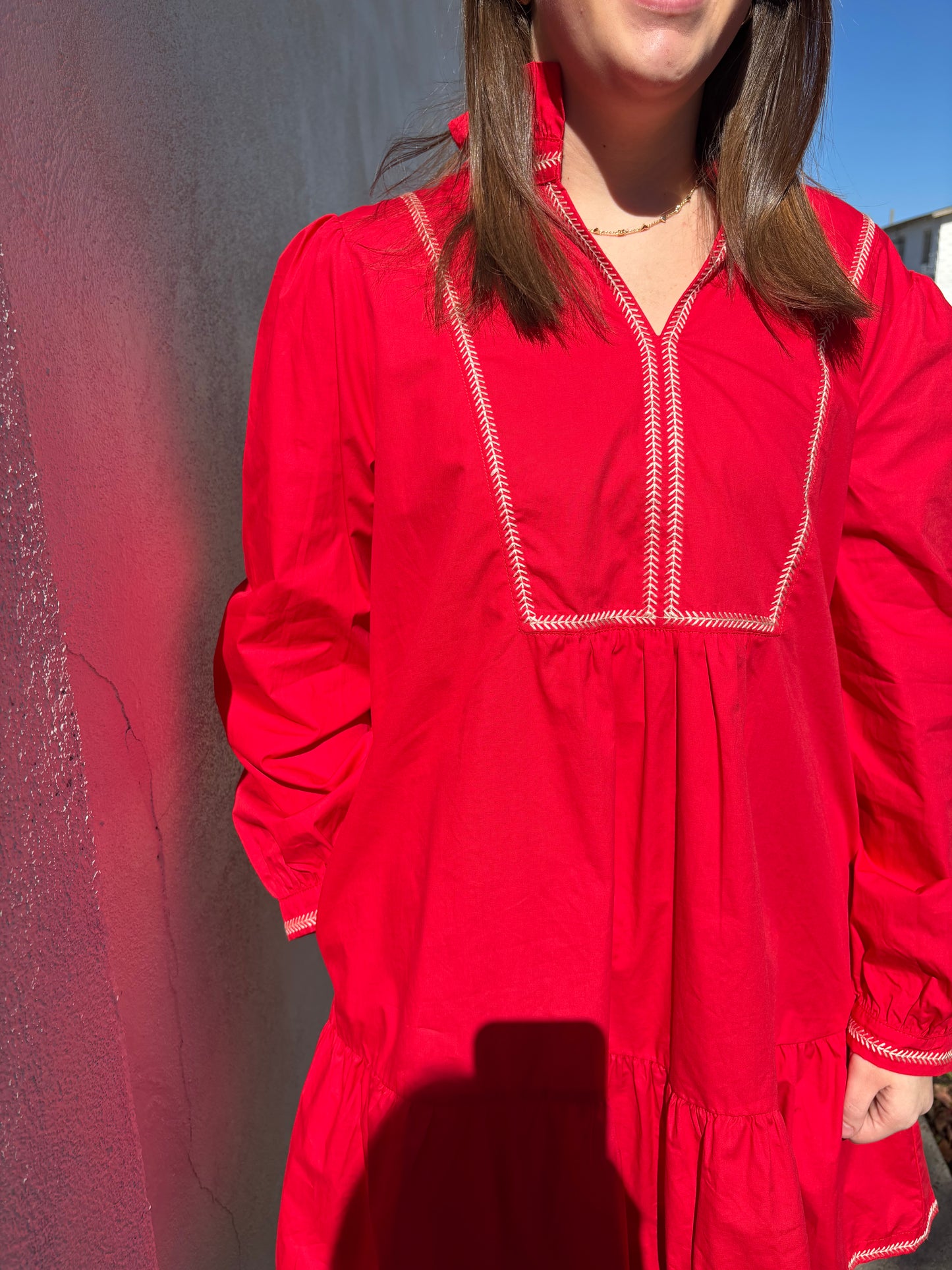 Ruffled Neckline Solid Red Dress