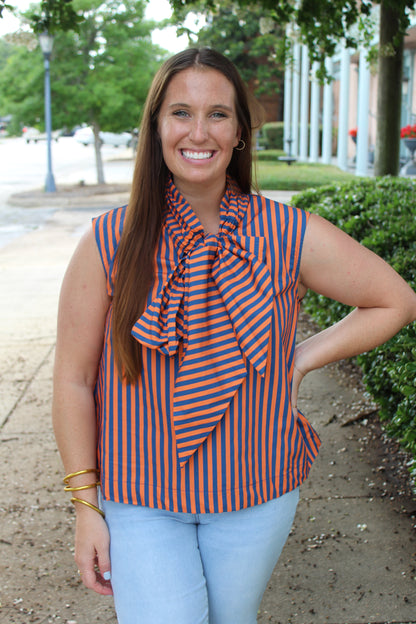 Navy/Orange Stripe Bow Top