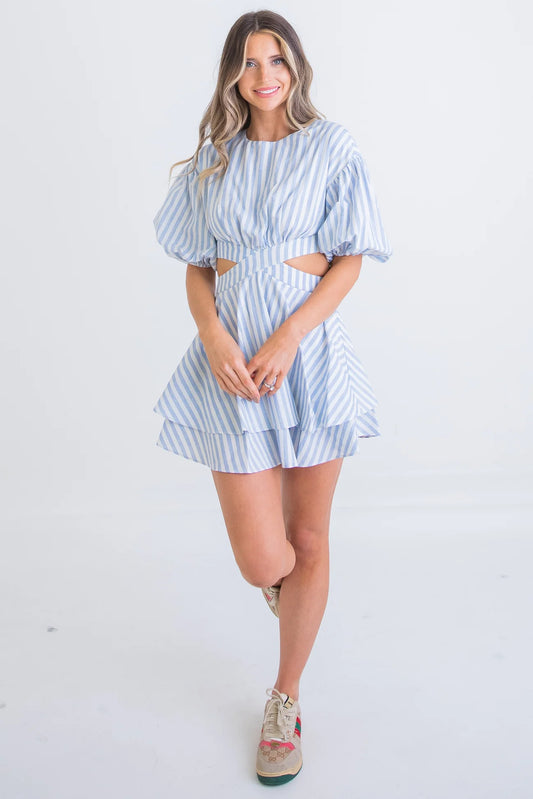 Stripe Poplin Cut Out Puff Sleeve Tie Dress Karlie