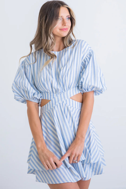 Stripe Poplin Cut Out Puff Sleeve Tie Dress Karlie