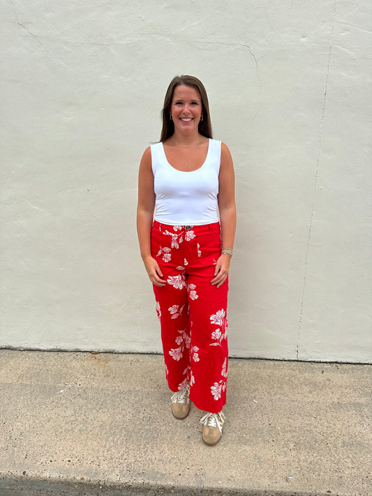 Red Colette Cropped Wide-Leg Flower Pants