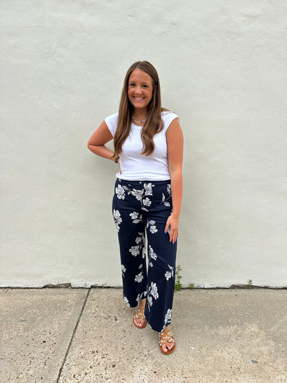 Navy Colette Cropped Wide-Leg Flower Leg