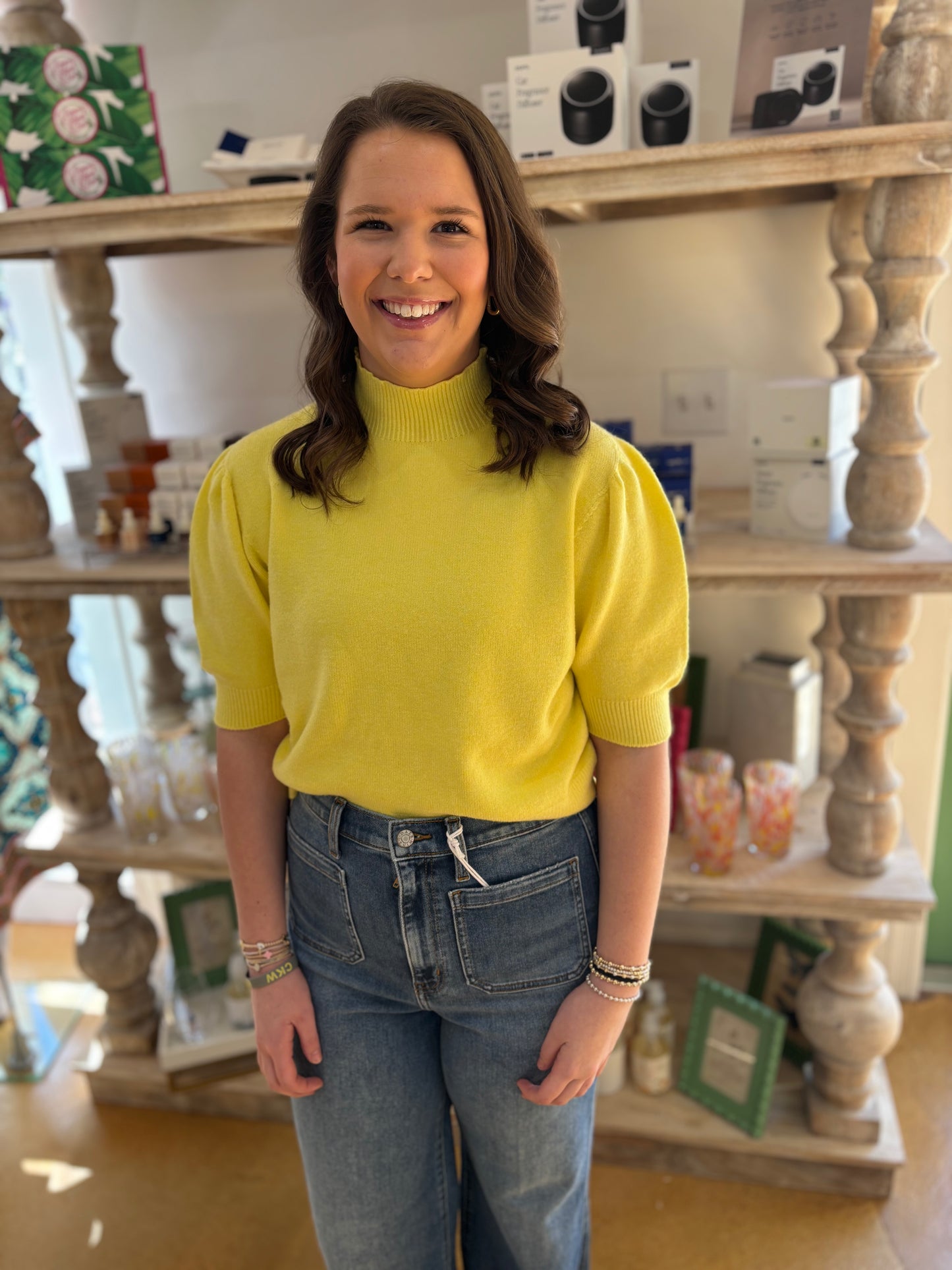 Mock Neck Bubble Shoulder Top - Yellow