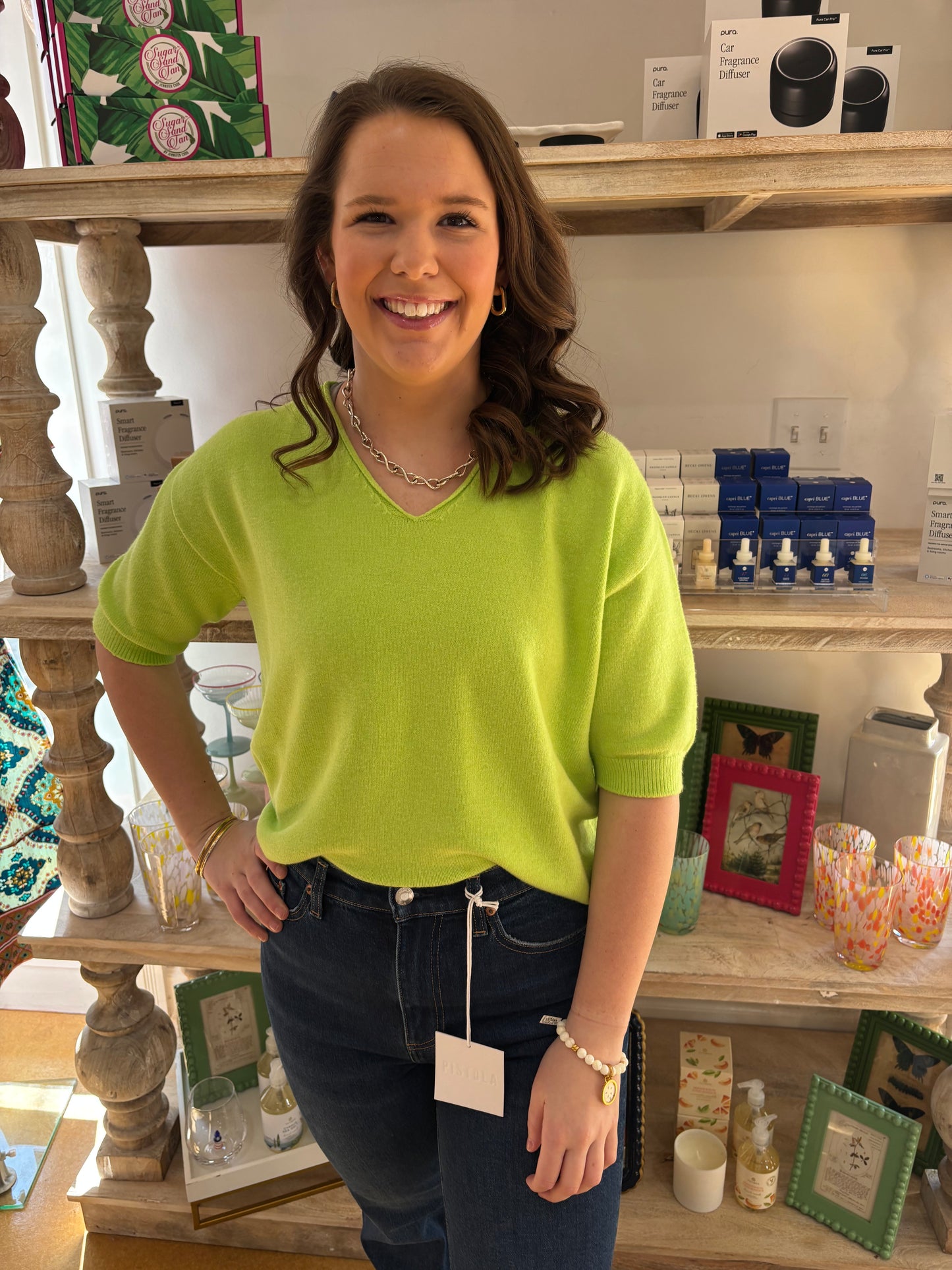 V-Neck 3/4 Sleeve Knit Top - Apple Green
