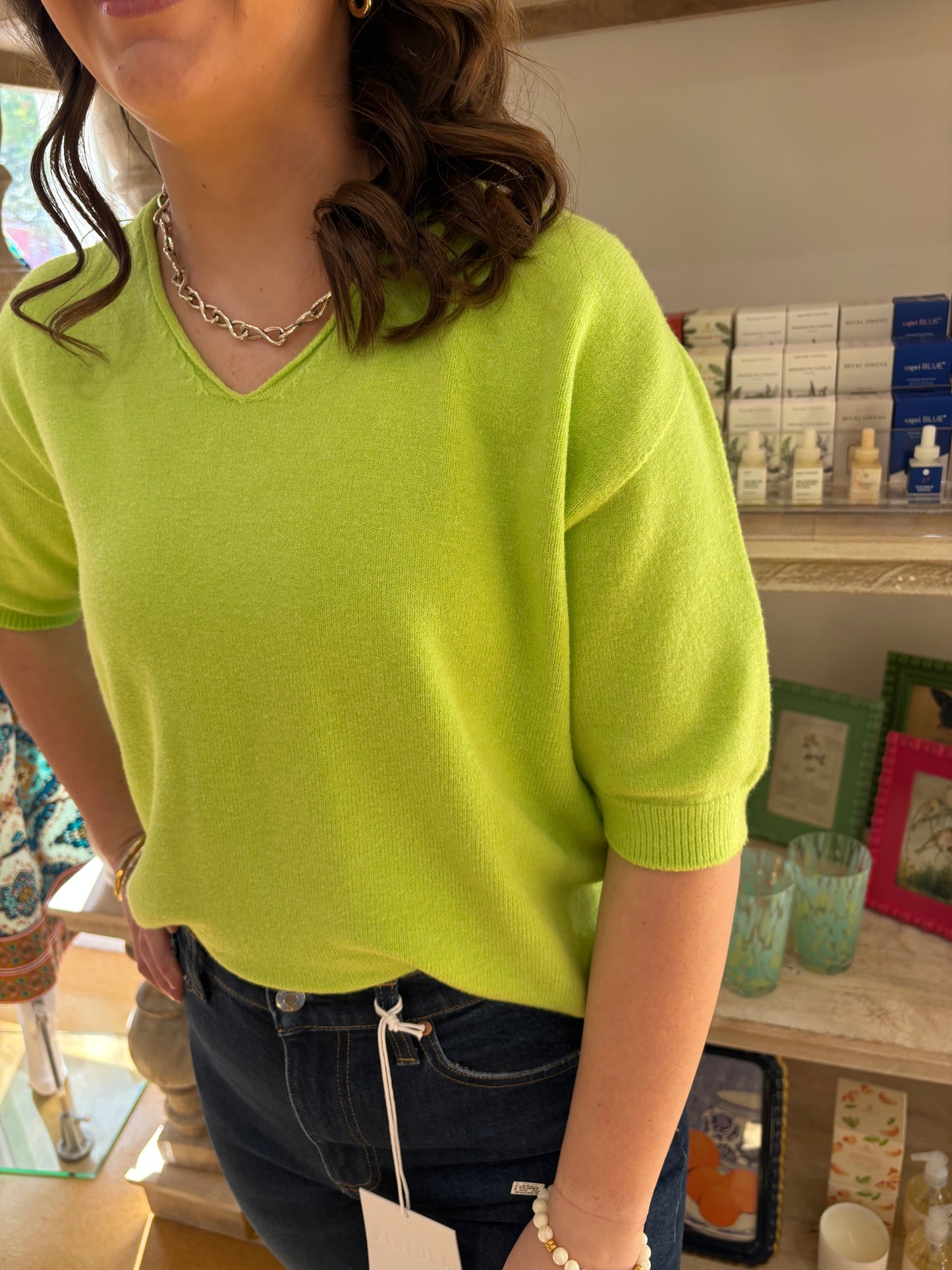 V-Neck 3/4 Sleeve Knit Top - Apple Green
