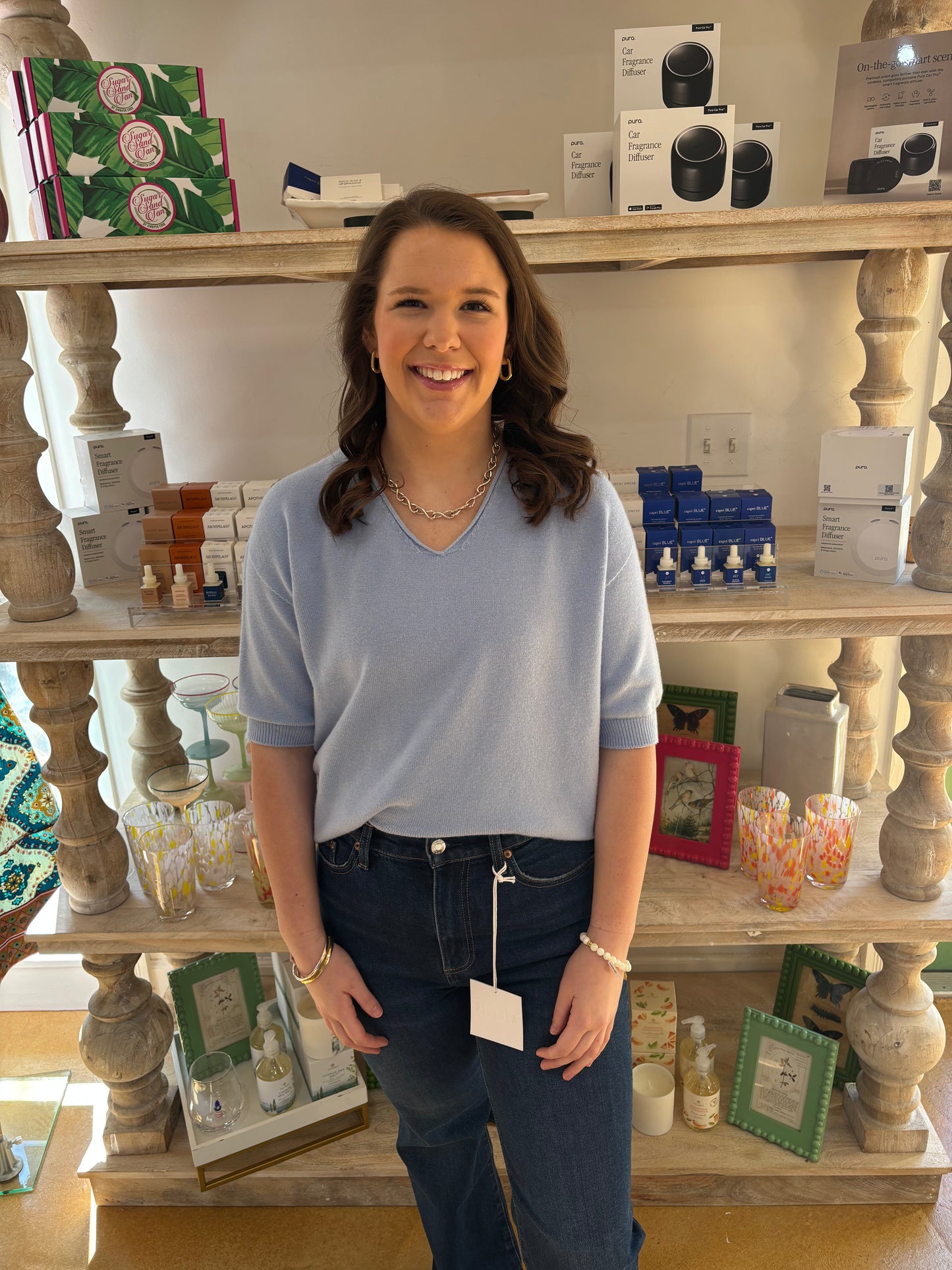 V-Neck 3/4 Sleeve Knit Top - Sky Blue