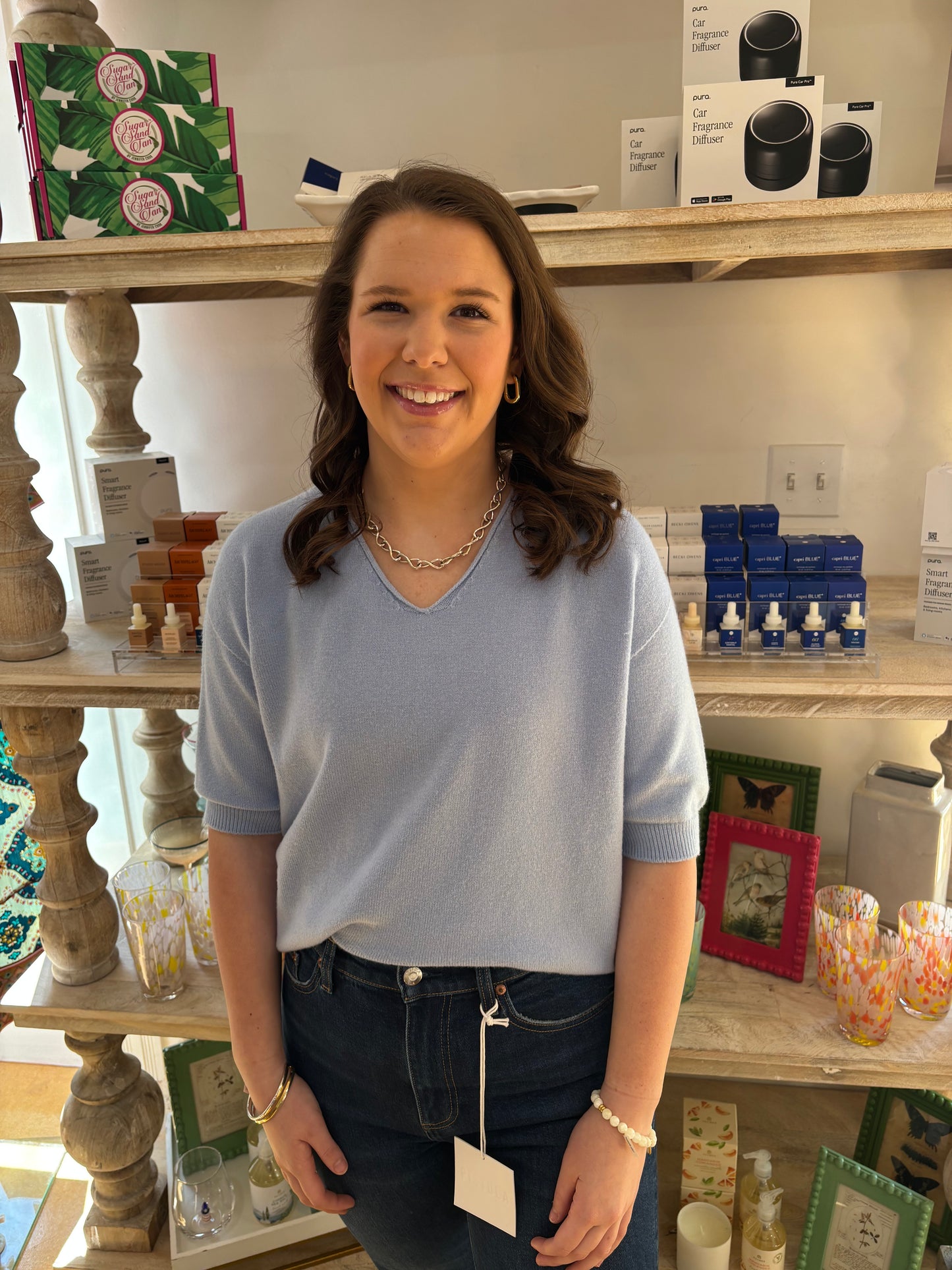 V-Neck 3/4 Sleeve Knit Top - Sky Blue