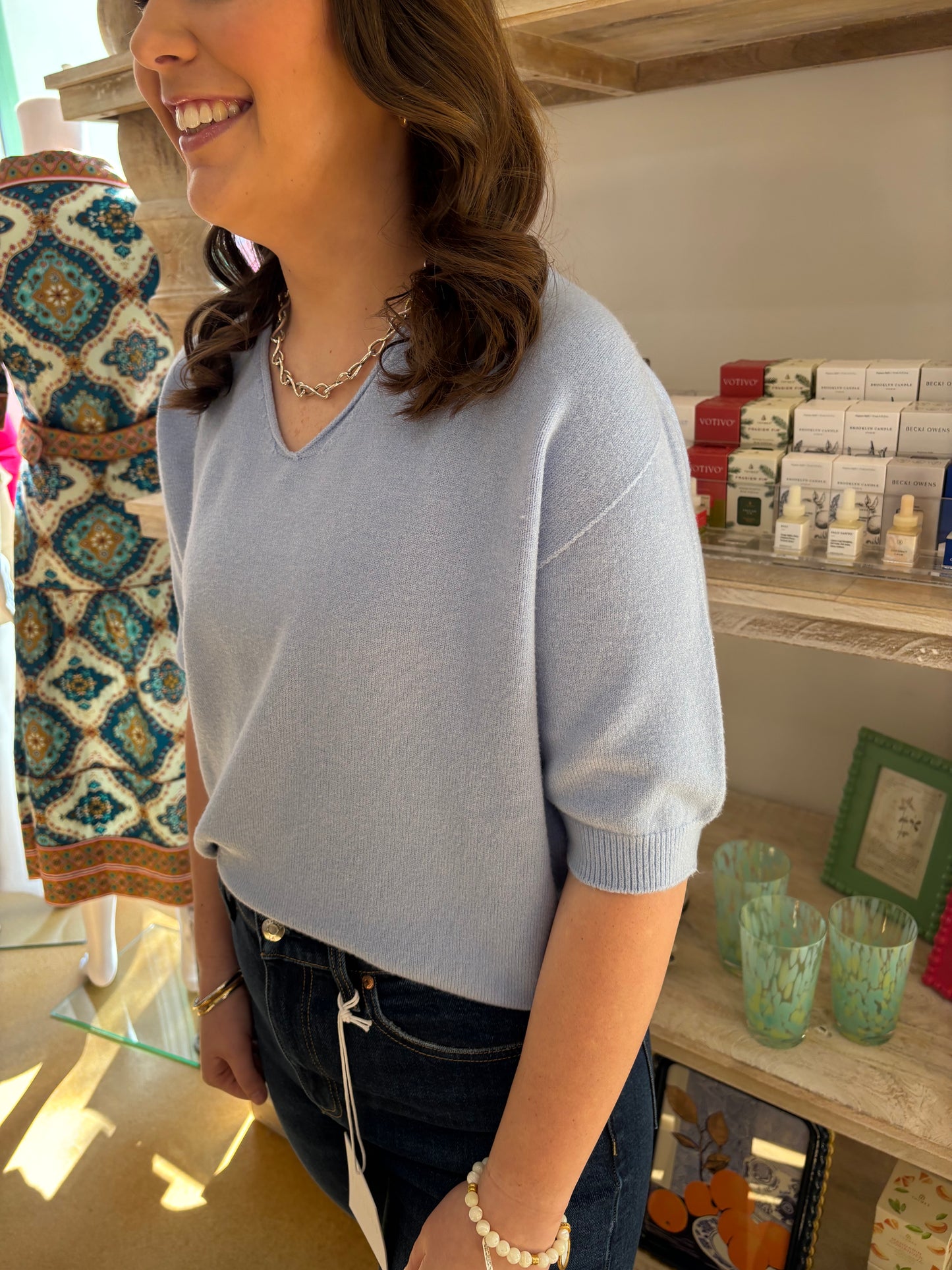 V-Neck 3/4 Sleeve Knit Top - Sky Blue