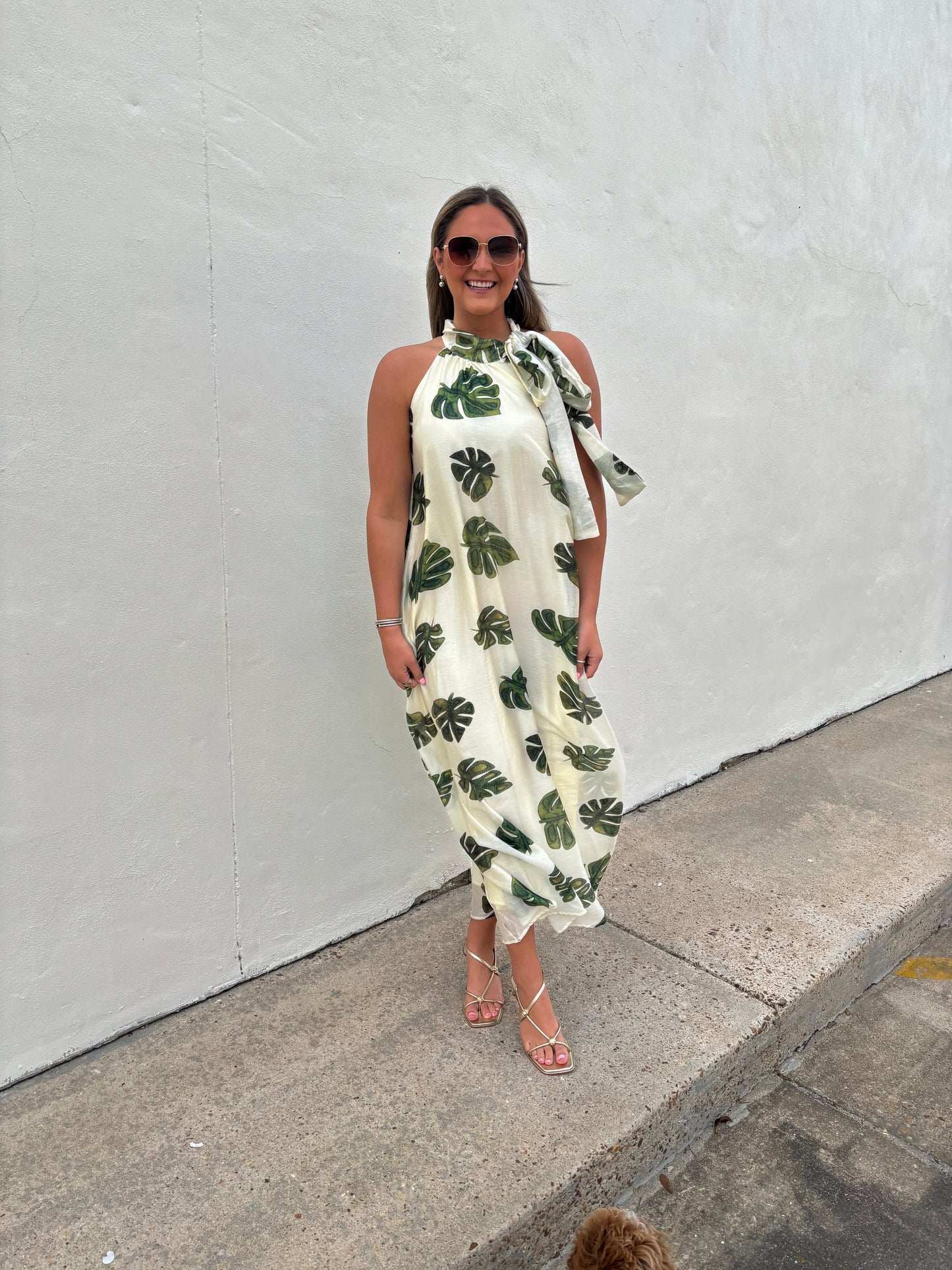 Palm Cream Halter Neck Maxi