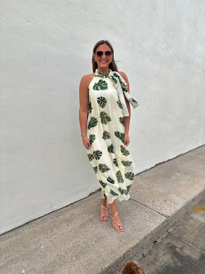 Palm Cream Halter Neck Maxi