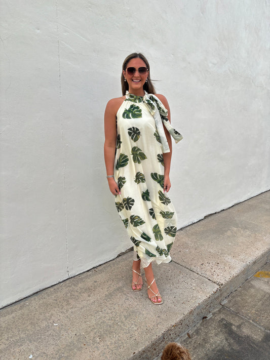 Palm Cream Halter Neck Maxi