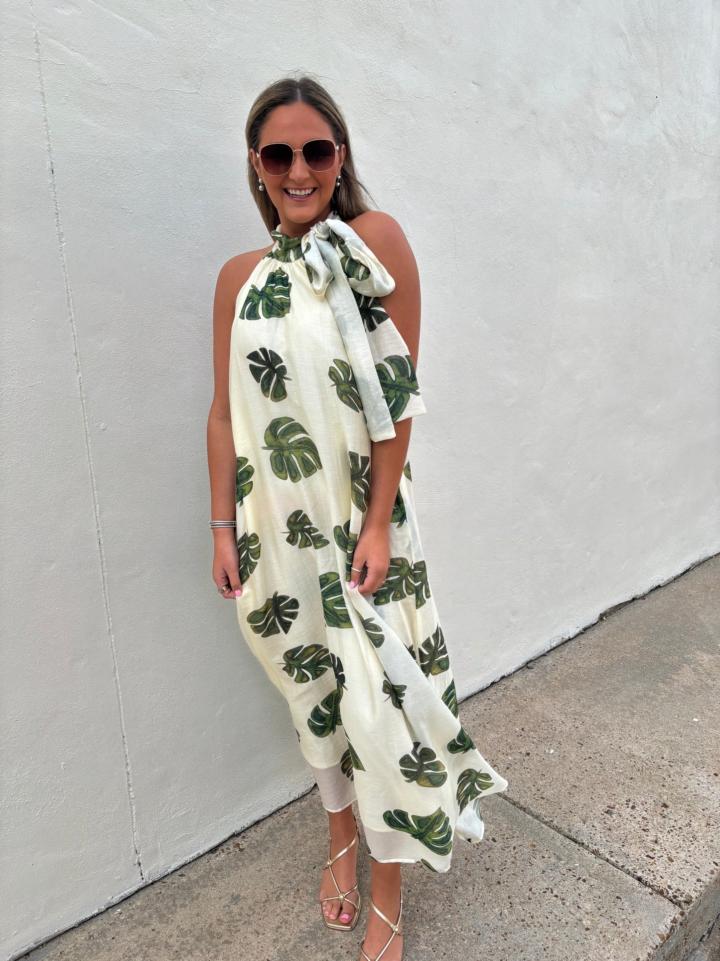 Palm Cream Halter Neck Maxi