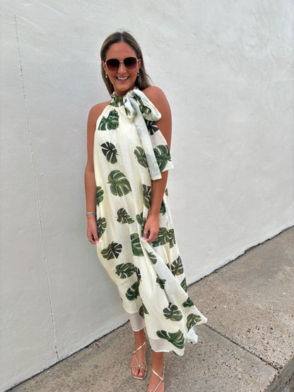 Palm Cream Halter Neck Maxi