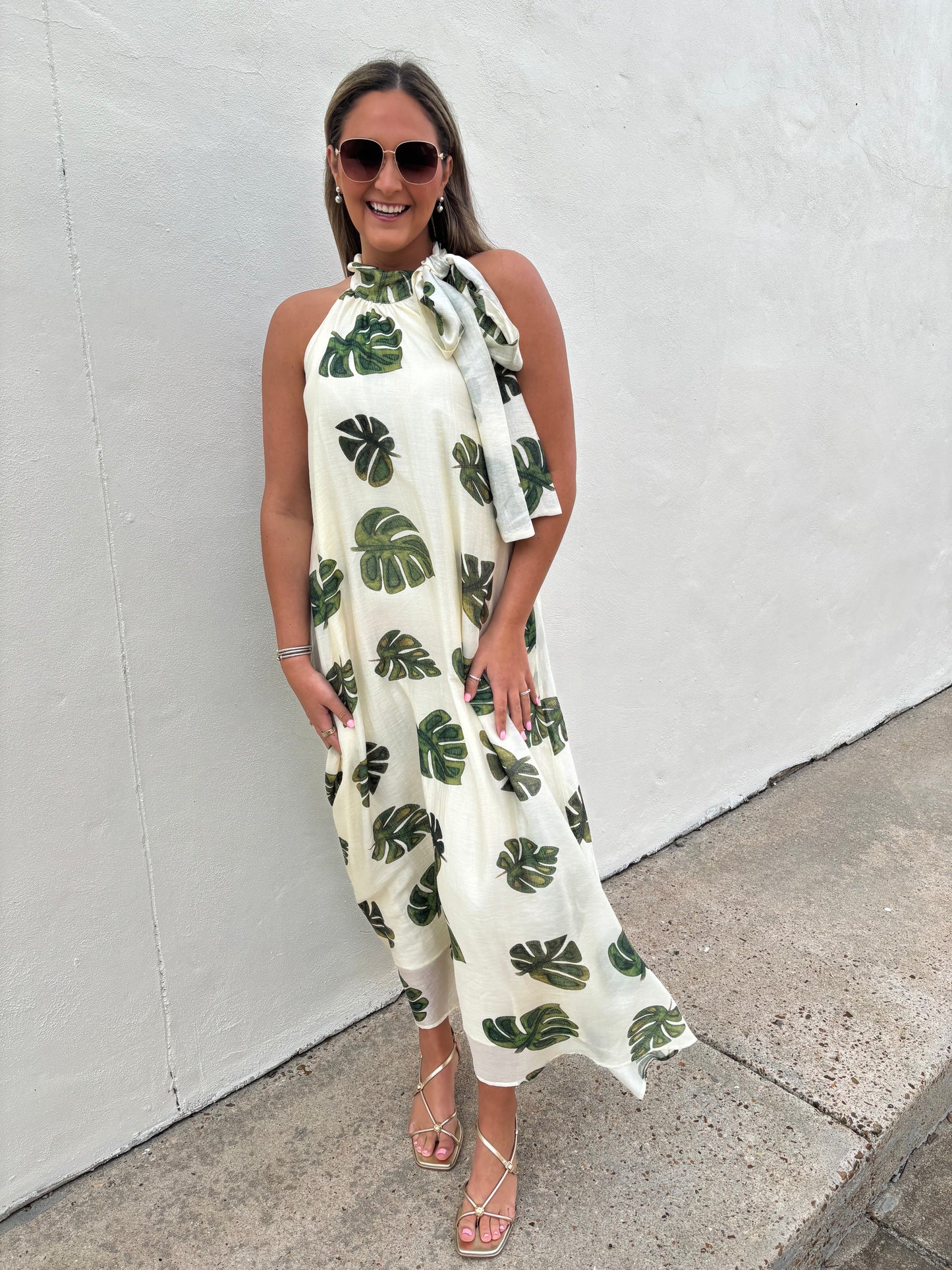 Palm Cream Halter Neck Maxi