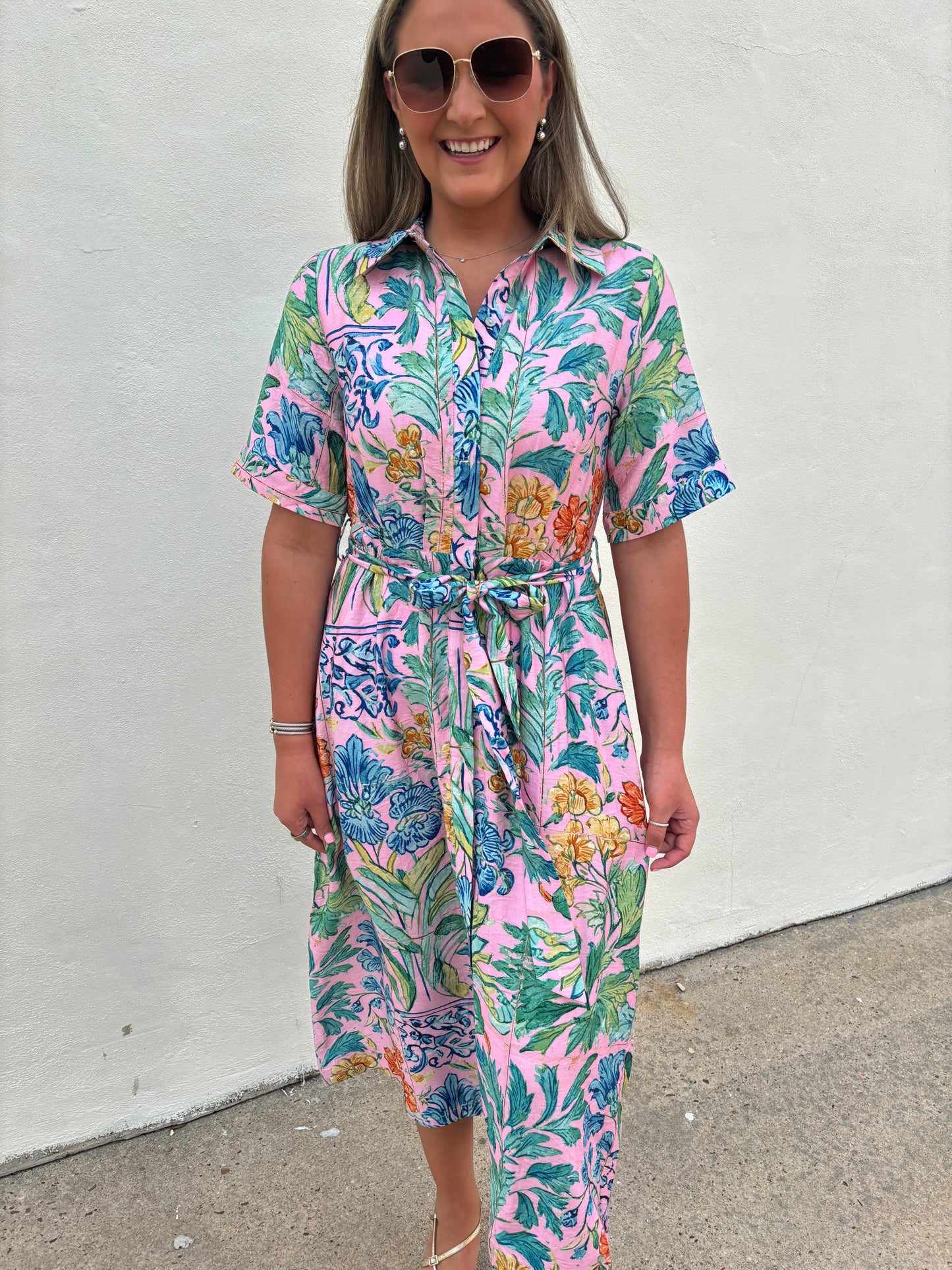 Pink Belted Maxi Multi Floral