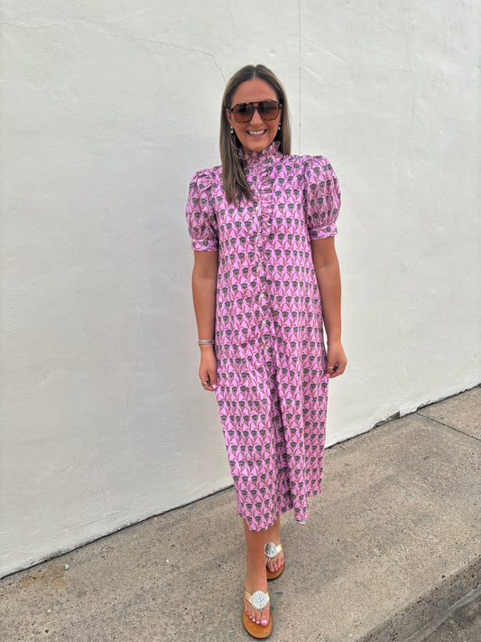 Pink Ruffle Detail Floral Maxi