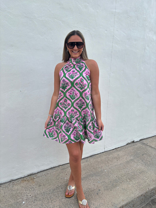 Halter Neck Pink Floral Dress