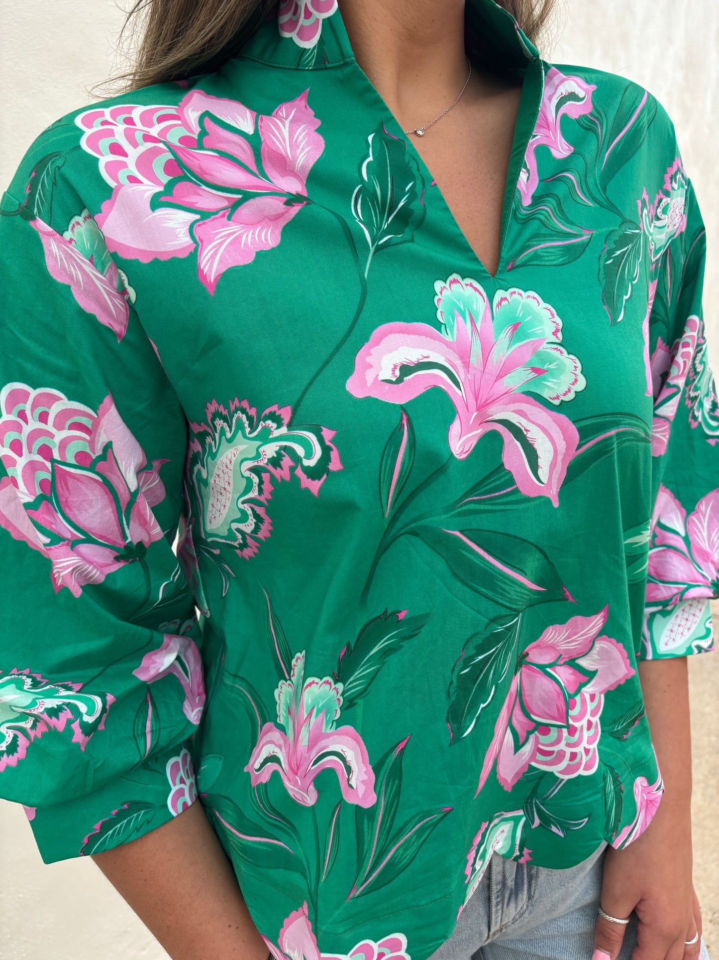 Green Floral Scalloped Bottom Top