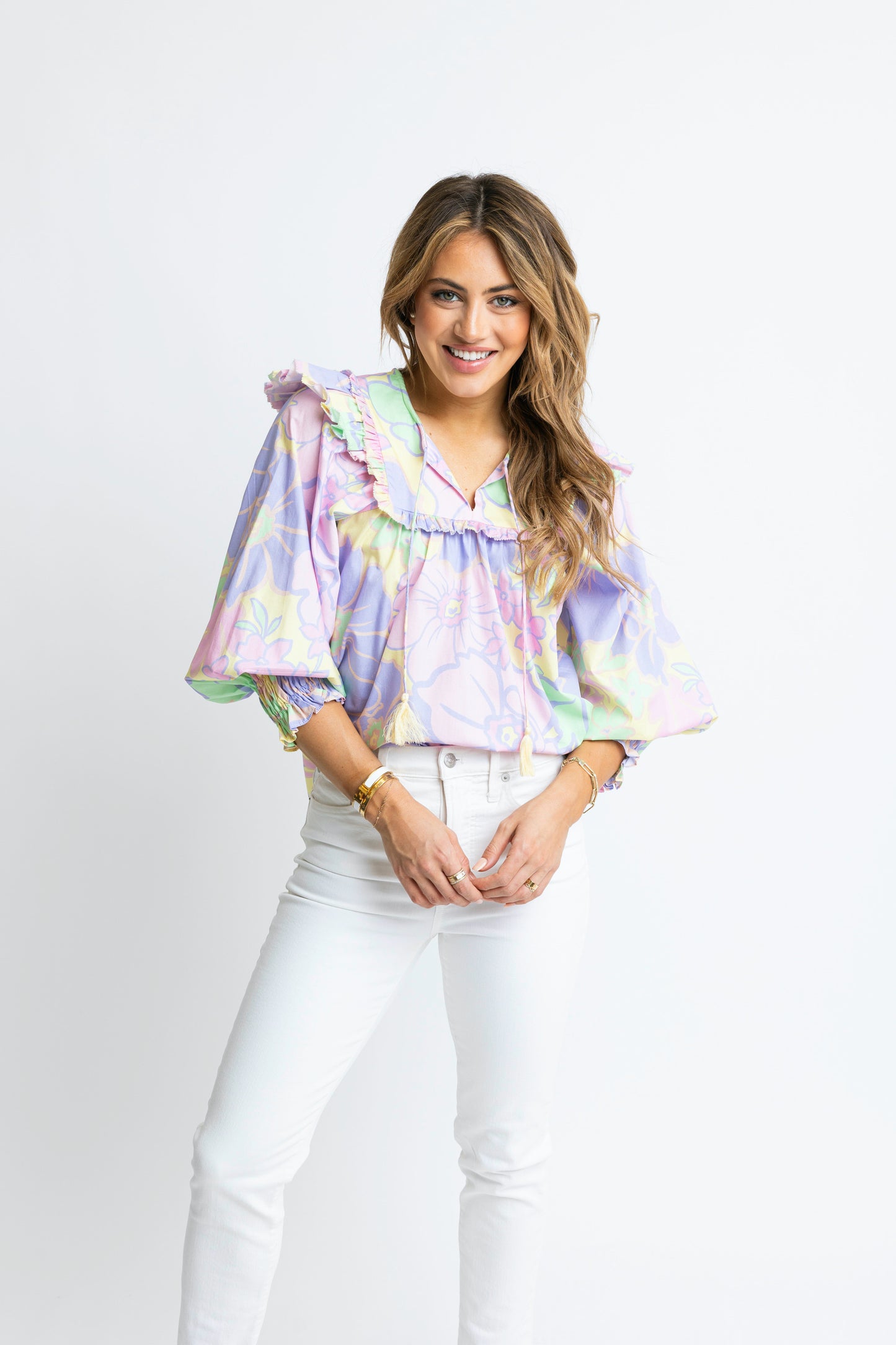 Pastel Large Floral Poplin Ruffle Top