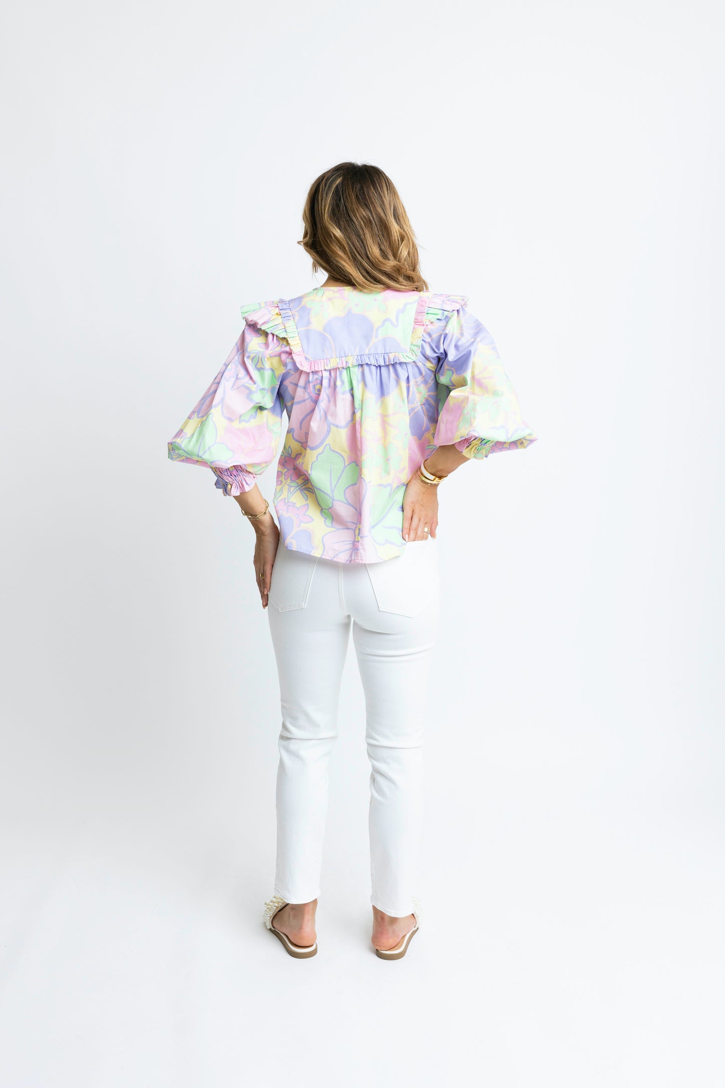 Pastel Large Floral Poplin Ruffle Top