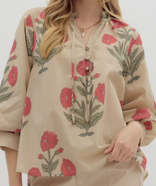 Ecru Floral Bubble Sleeve Top