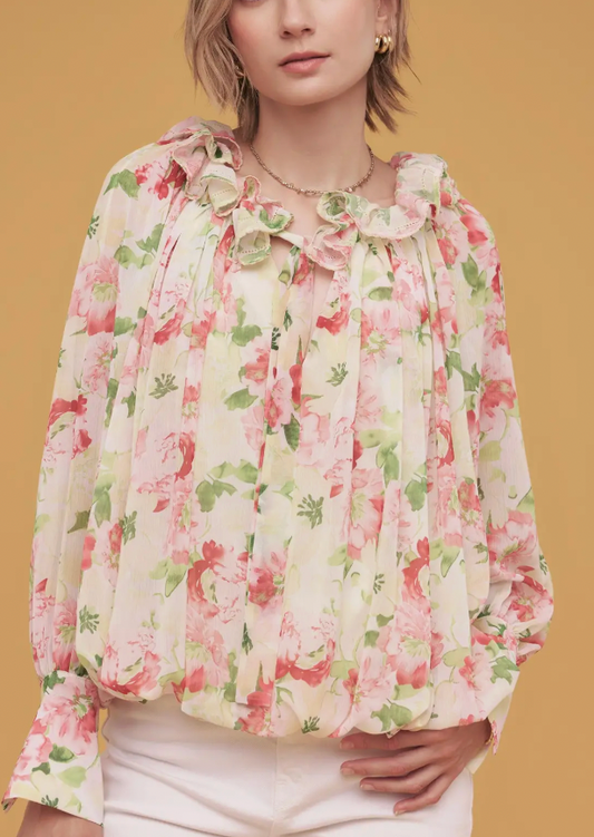 Floral Print Picot Stitch Detail Blouse