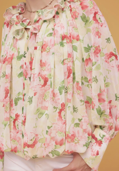 Floral Print Picot Stitch Detail Blouse